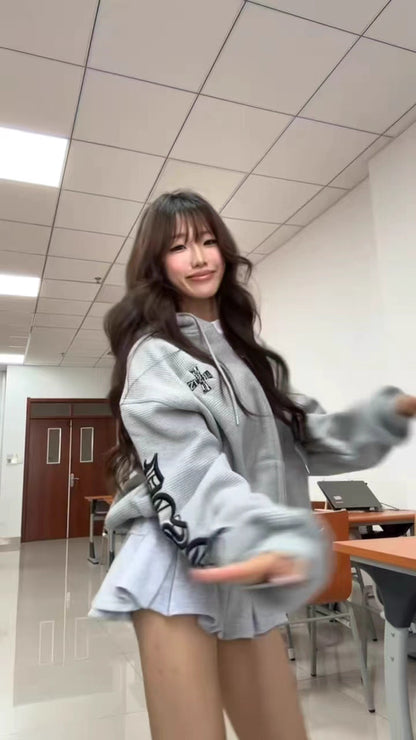 ワッフル ジップパーカー 韓国 ファッション レディース フードロゴ オーバーサイズ パーカー