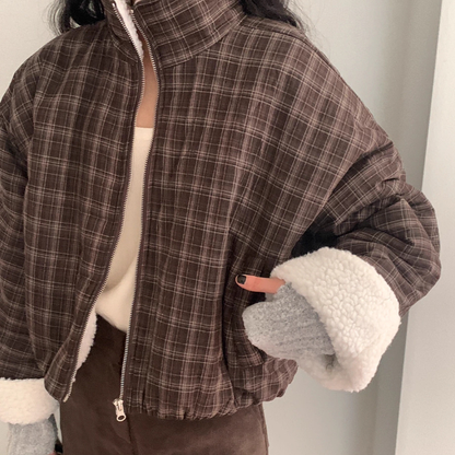 ボア ブルゾン レディース 韓国 ファッション ストライプ チェック 裏ボア オーバーサイズ スタンドネック ジャケット