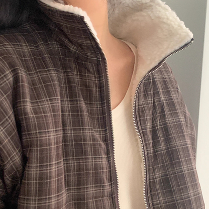 ボア ブルゾン レディース 韓国 ファッション ストライプ チェック 裏ボア オーバーサイズ スタンドネック ジャケット