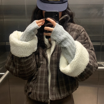 ボア ブルゾン レディース 韓国 ファッション ストライプ チェック 裏ボア オーバーサイズ スタンドネック ジャケット