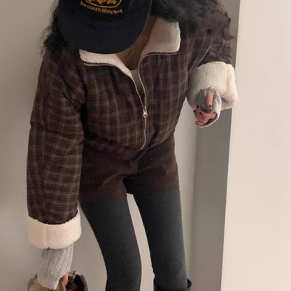 ボア ブルゾン レディース 韓国 ファッション ストライプ チェック 裏ボア オーバーサイズ スタンドネック ジャケット