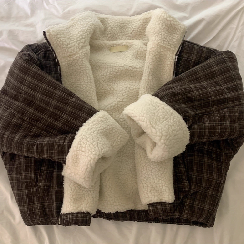 ボア ブルゾン レディース 韓国 ファッション ストライプ チェック 裏ボア オーバーサイズ スタンドネック ジャケット