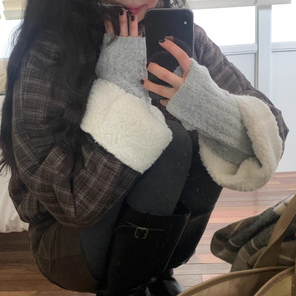 ボア ブルゾン レディース 韓国 ファッション ストライプ チェック 裏ボア オーバーサイズ スタンドネック ジャケット