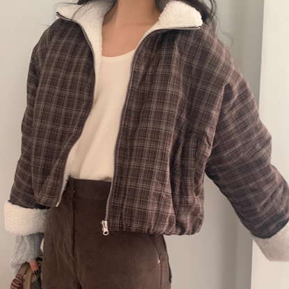 ボア ブルゾン レディース 韓国 ファッション ストライプ チェック 裏ボア オーバーサイズ スタンドネック ジャケット