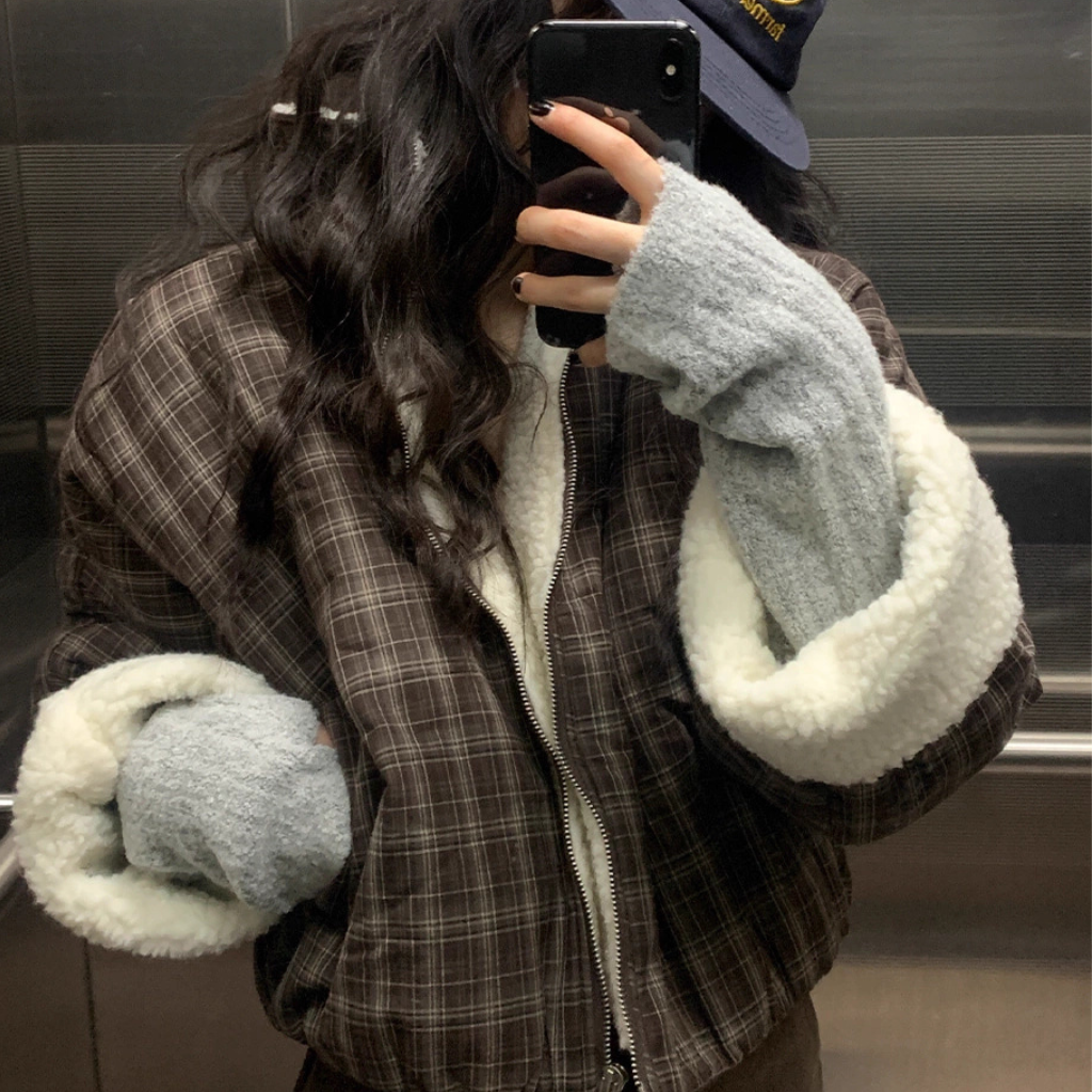 ボア ブルゾン レディース 韓国 ファッション ストライプ チェック 裏ボア オーバーサイズ スタンドネック ジャケット