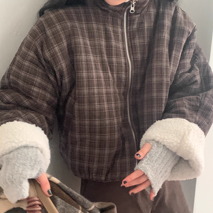 ボア ブルゾン レディース 韓国 ファッション ストライプ チェック 裏ボア オーバーサイズ スタンドネック ジャケット