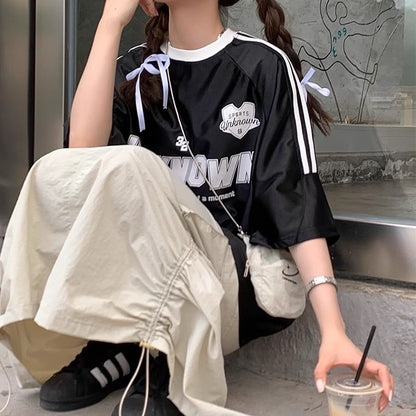 ナイロン ライン Tシャツ レディース 韓国 ファッション 半袖 袖ライン ロゴ プリント オーバーサイズ スポーツTシャツ