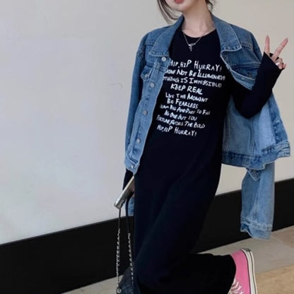 スウェット ワンピース レディース メッセージ プリント韓国 ファッション カットソー ロングワンピ