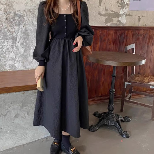 秋冬 ロングワンピース 韓国 ファッション お呼ばれ 異素材 ドッキング 黒ワンピ フレア ワンピ