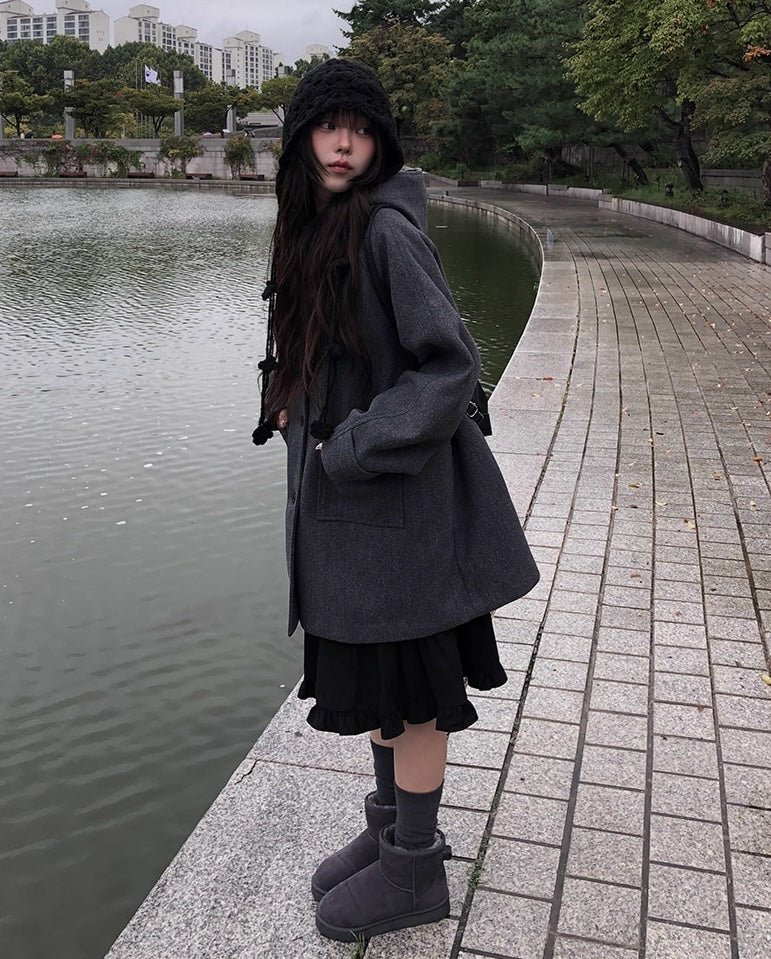 レトロ フード ミドルコート シングルボタン 無地 フード付きウールコート レディース 2025冬 新作 ミドル丈