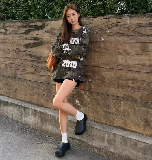 韓国ストリート 星柄 カモフラージュ柄 ワッフル ロングTシャツ レディース オーバーサイズ Y2K