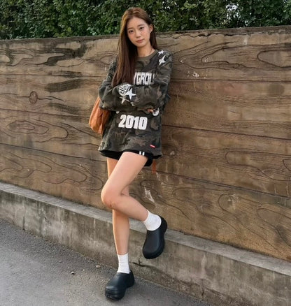 韓国ストリート 星柄 カモフラージュ柄 ワッフル ロングTシャツ レディース オーバーサイズ Y2K