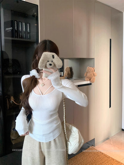 デコルテデザイン リブニット レディース 韓国 ファッション ストレッチ スリムフィット 長袖 ニットトップス