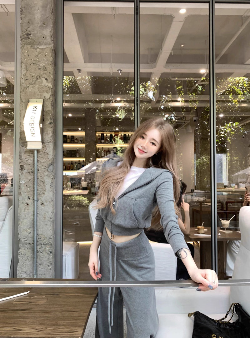 パーカー セットアップ レディース 韓国 ファッション スウェット ショートパーカー レギュラーフィット パンツ 上下セット