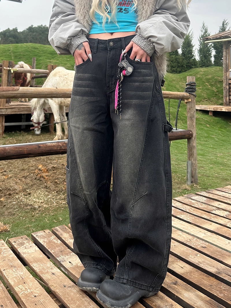 バック ロゴ デニムパンツ レディース ペインター ワイド デニム 韓国 ファッション ユーズド加工 ジーンズ