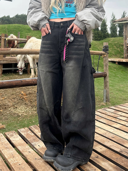 バック ロゴ デニムパンツ レディース ペインター ワイド デニム 韓国 ファッション ユーズド加工 ジーンズ