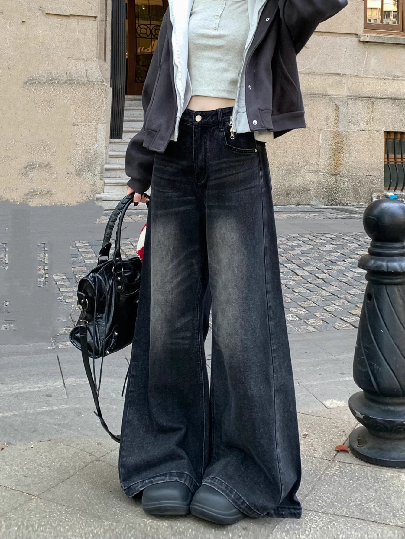 フレア ワイド ブラック デニムパンツ 韓国 ファッション レトロ ヴィンテージ加工 ブラック ジーンズ 秋冬  ゆったり 脚長シルエット