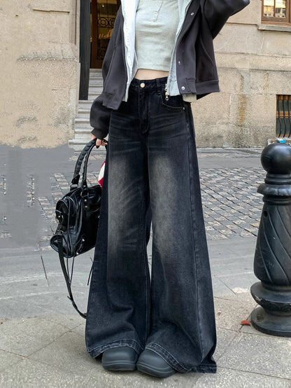 フレア ワイド ブラック デニムパンツ 韓国 ファッション レトロ ヴィンテージ加工 ブラック ジーンズ 秋冬  ゆったり 脚長シルエット