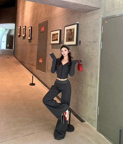 ボーダー ジップパーカー セットアップ レディース リラックス ストレッチ クロップド パーカー ワイドパンツ スウェット 上下セット