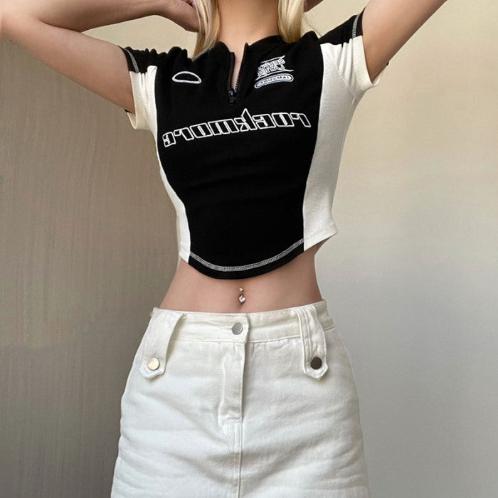 ハーフジップ クロップド Tシャツ レディース 韓国 Y2K ロゴ バイ