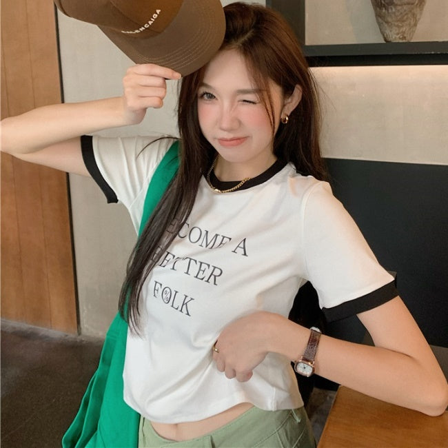 リンガー Ｔシャツ レディース 韓国 ファッション レター ロゴ プリント 夏トップス