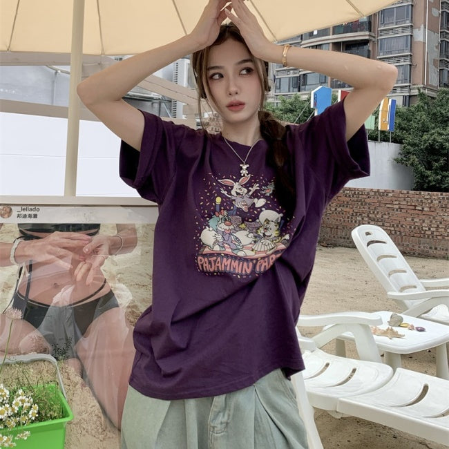 キャラクター グラフィック Tシャツ レディース 韓国 ファッション オーバーサイズ 半袖 夏 トップス パープル かわいい キャラT