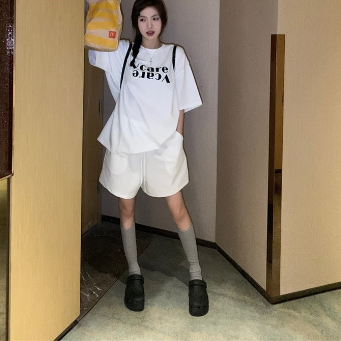 セットアップ レディース 韓国 Tシャツ ショートパンツ 上下セット 夏 ロゴプリント  ハーフパンツ スポーツミックス