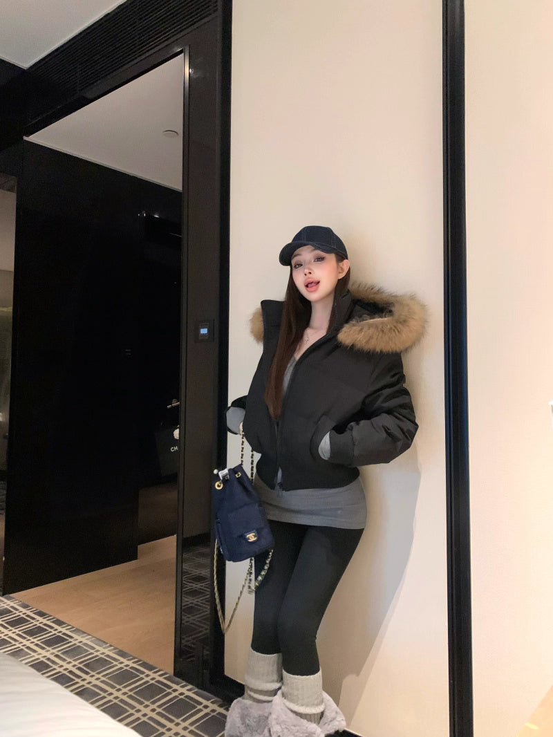 ファーフード ショート パフテック ジャケット 韓国 レトロ  中綿ジャケット 冬用 保温 ジップアップ クロップド丈