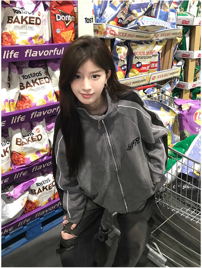 トラック ジャケット 春 ベロア調 ジャージ トップ 韓国 ファッション ストリート ラグランスリーブ オーバーサイズ ブルゾン