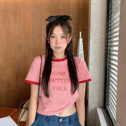 リンガー Ｔシャツ レディース 韓国 ファッション レター ロゴ プリント 夏トップス