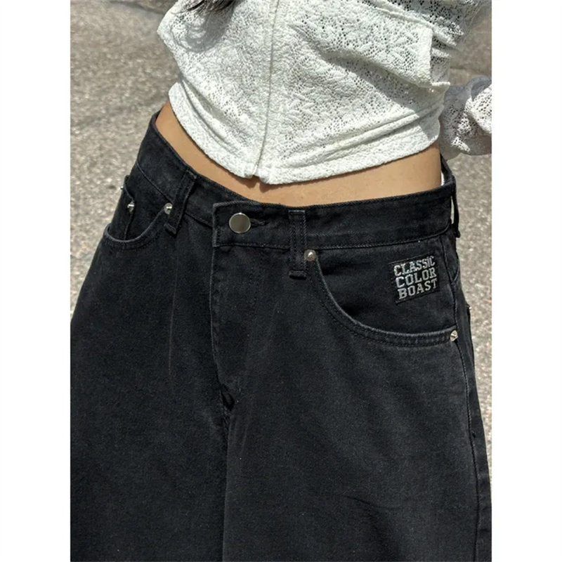ワイド バギー デニムパンツ 韓国 ストリート系 ロゴ グラフィック 刺繍 デニム ワイドパンツ