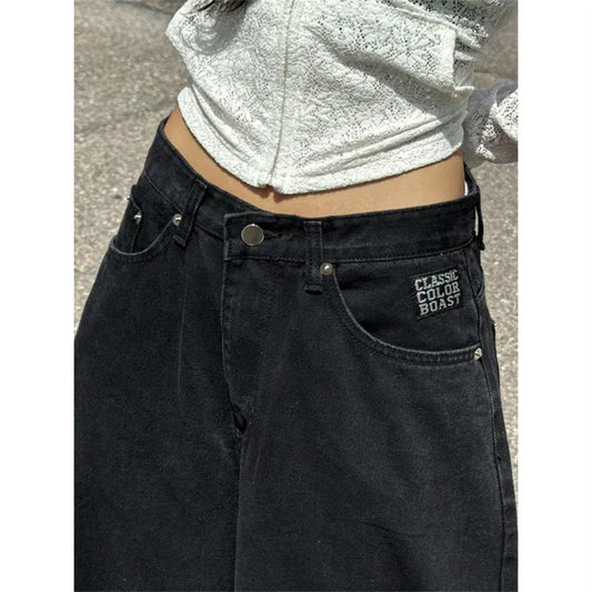 ワイド バギー デニムパンツ 韓国 ストリート系 ロゴ グラフィック 刺繍 デニム ワイドパンツ