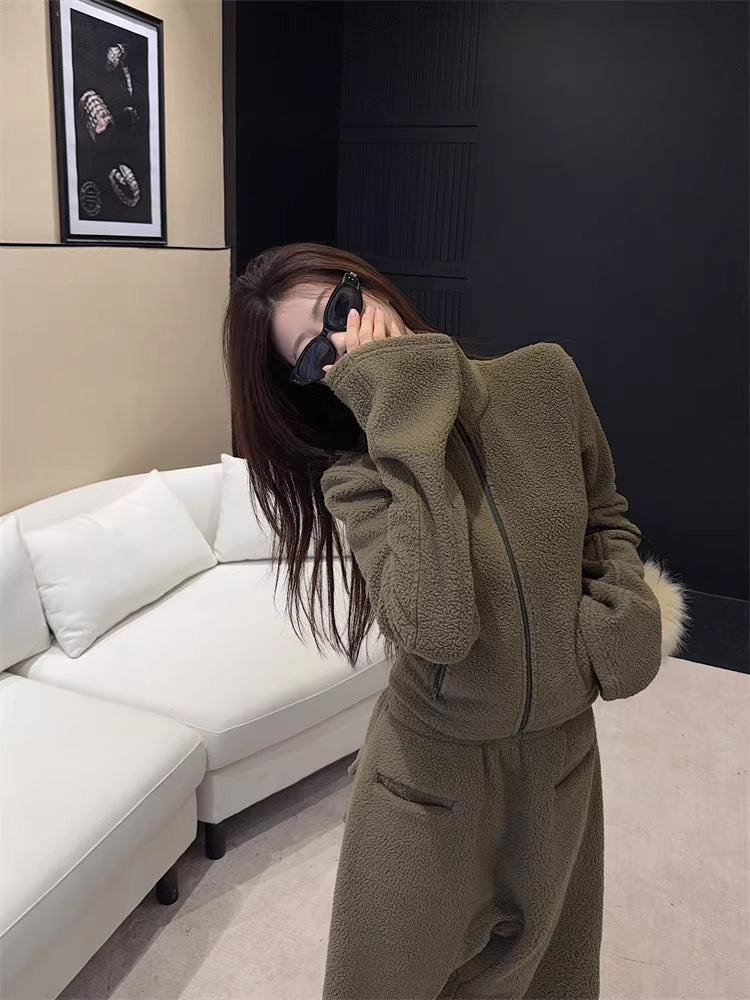ボア セットアップ レディース 韓国 ファッション クロップド ショート ジャケット ワイドパンツ 上下セット