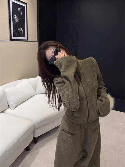 ボア セットアップ レディース 韓国 ファッション クロップド ショート ジャケット ワイドパンツ 上下セット