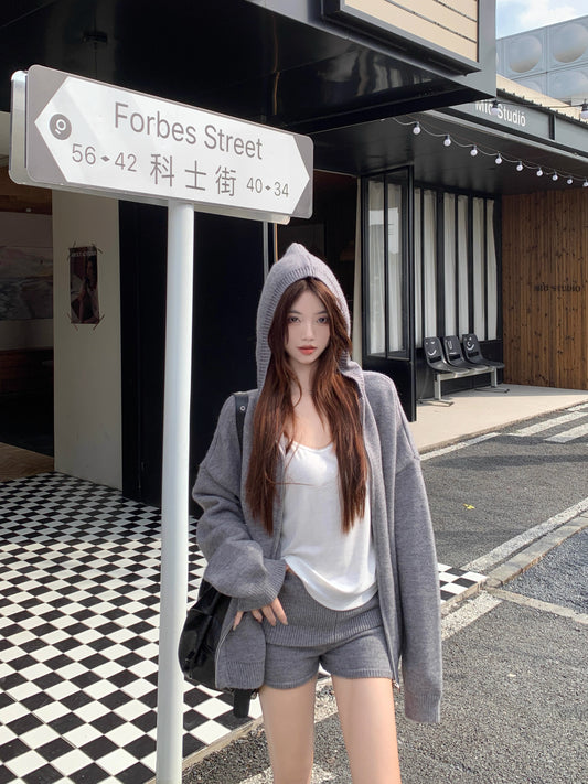 ニット パーカー セットアップ レディース ニット ショートパンツ 上下セット ゆったりフード付き カーディガン ＆ ニットショートパンツ 2点セット