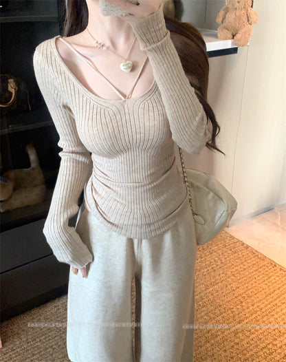 デコルテデザイン リブニット レディース 韓国 ファッション ストレッチ スリムフィット 長袖 ニットトップス