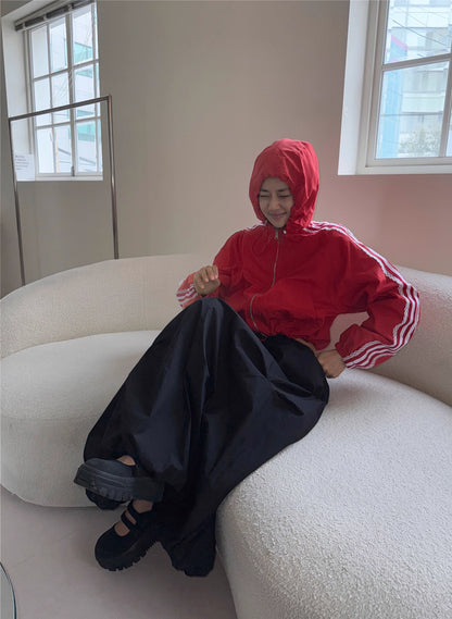 レース ライン ナイロンジャケット韓国 スポーティ ファッション フォード ショート丈 ドローコード 調整 ジャケット