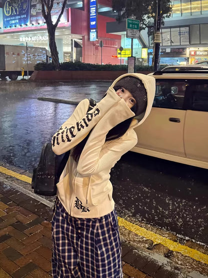 アメリカン ロゴ パーカー レディース 韓国 ファッション レトロ ゴシックフーディー ジップアップパーカー