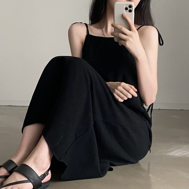 黒 キャミ ワンピース レディース 韓国 ファッション キャミワンピ 肩リボン 夏 ロングワンピース ノースリーブ