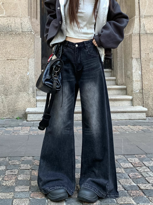 フレア ワイド ブラック デニムパンツ 韓国 ファッション レトロ ヴィンテージ加工 ブラック ジーンズ 秋冬  ゆったり 脚長シルエット
