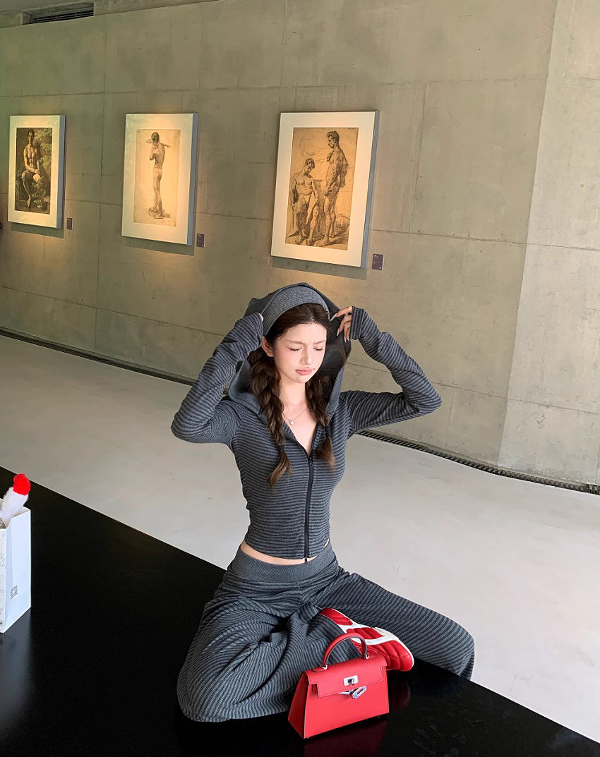 ボーダー ジップパーカー セットアップ レディース リラックス ストレッチ クロップド パーカー ワイドパンツ スウェット 上下セット