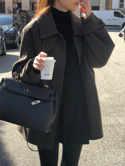 ミドル丈 コート レディース 韓国 ファッション シングルボタン カラーコート ネイビー ブラウン ２カラー