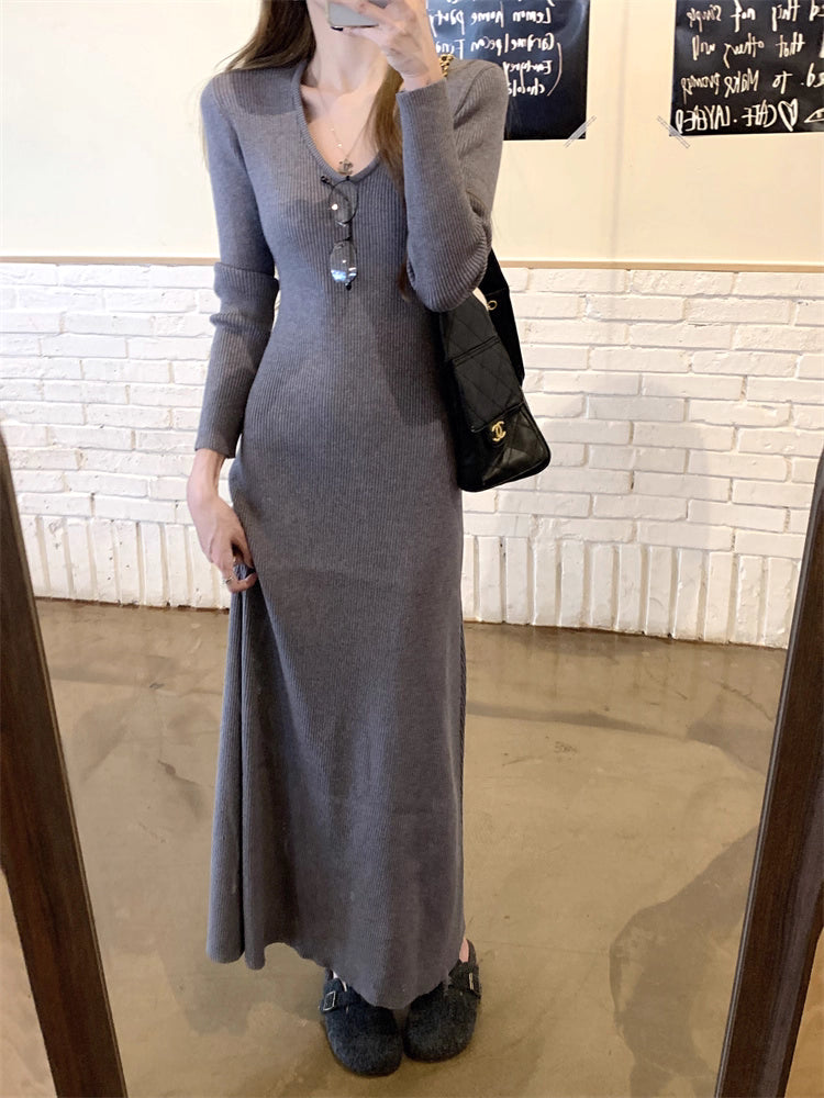 ニット ロングワンピース レディース 春 韓国 ファッション Uネック 細見え Aライン ロングワンピ