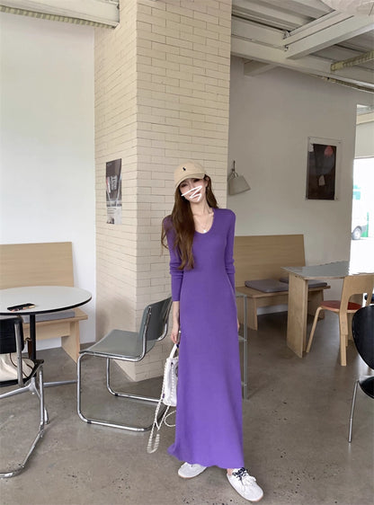 ニット ロングワンピース レディース 春 韓国 ファッション Uネック 細見え Aライン ロングワンピ
