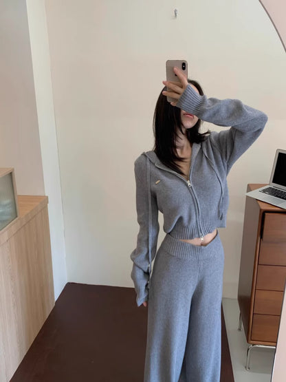 ニット セットアップ クロップド パーカー ワイドパンツ 韓国 ファッション 上下セット ショート丈 フード付きニット