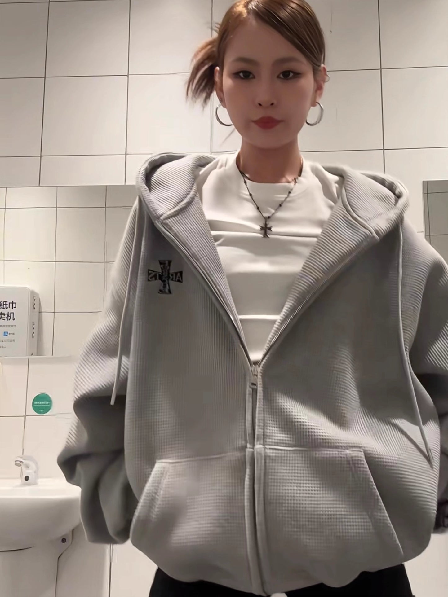 ワッフル ジップパーカー 韓国 ファッション レディース フードロゴ オーバーサイズ パーカー