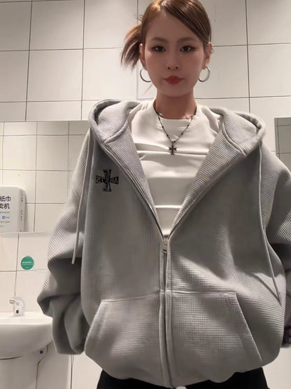 ワッフル ジップパーカー 韓国 ファッション レディース フードロゴ オーバーサイズ パーカー