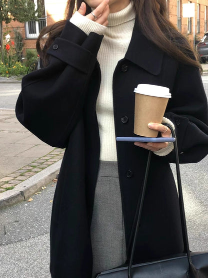 ミドル丈 コート レディース 韓国 ファッション シングルボタン カラーコート ネイビー ブラウン ２カラー