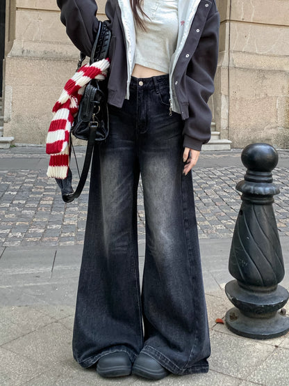 フレア ワイド ブラック デニムパンツ 韓国 ファッション レトロ ヴィンテージ加工 ブラック ジーンズ 秋冬  ゆったり 脚長シルエット