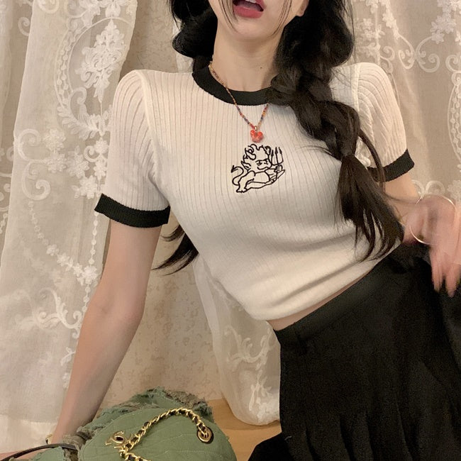 リブ リンガー Ｔシャツ レディース 韓国 ファッション 夏 バイカラー デビル 小悪魔 キャラ  かわいい 韓国Tシャツ